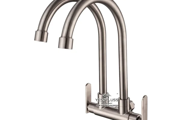 6821  YESSPLUSS SUS304 WALL MOUNTED TWIN SPOUT SINK TAP 白钢 双管 壁出 鹅颈龙头